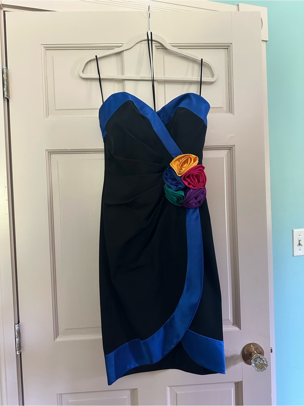 Strapless Black and Royal Blue Cocktail Dress with Multi-Color Rosette